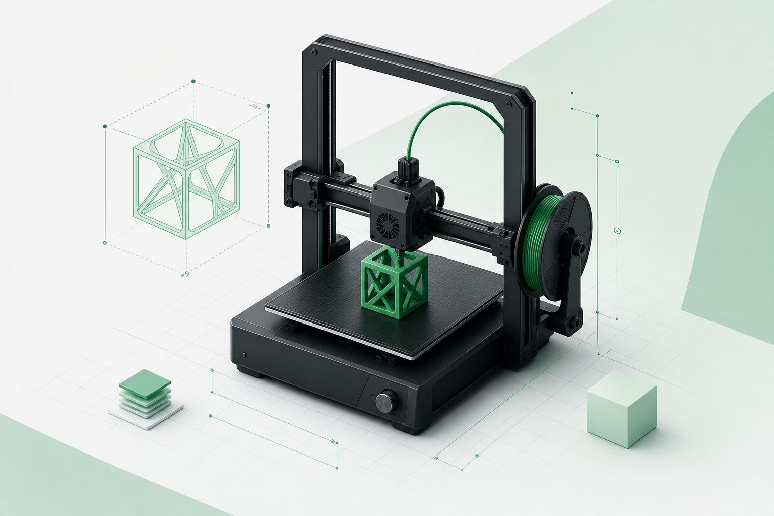 Ilustracja procesu druku 3D — od modelu do gotowego wydruku